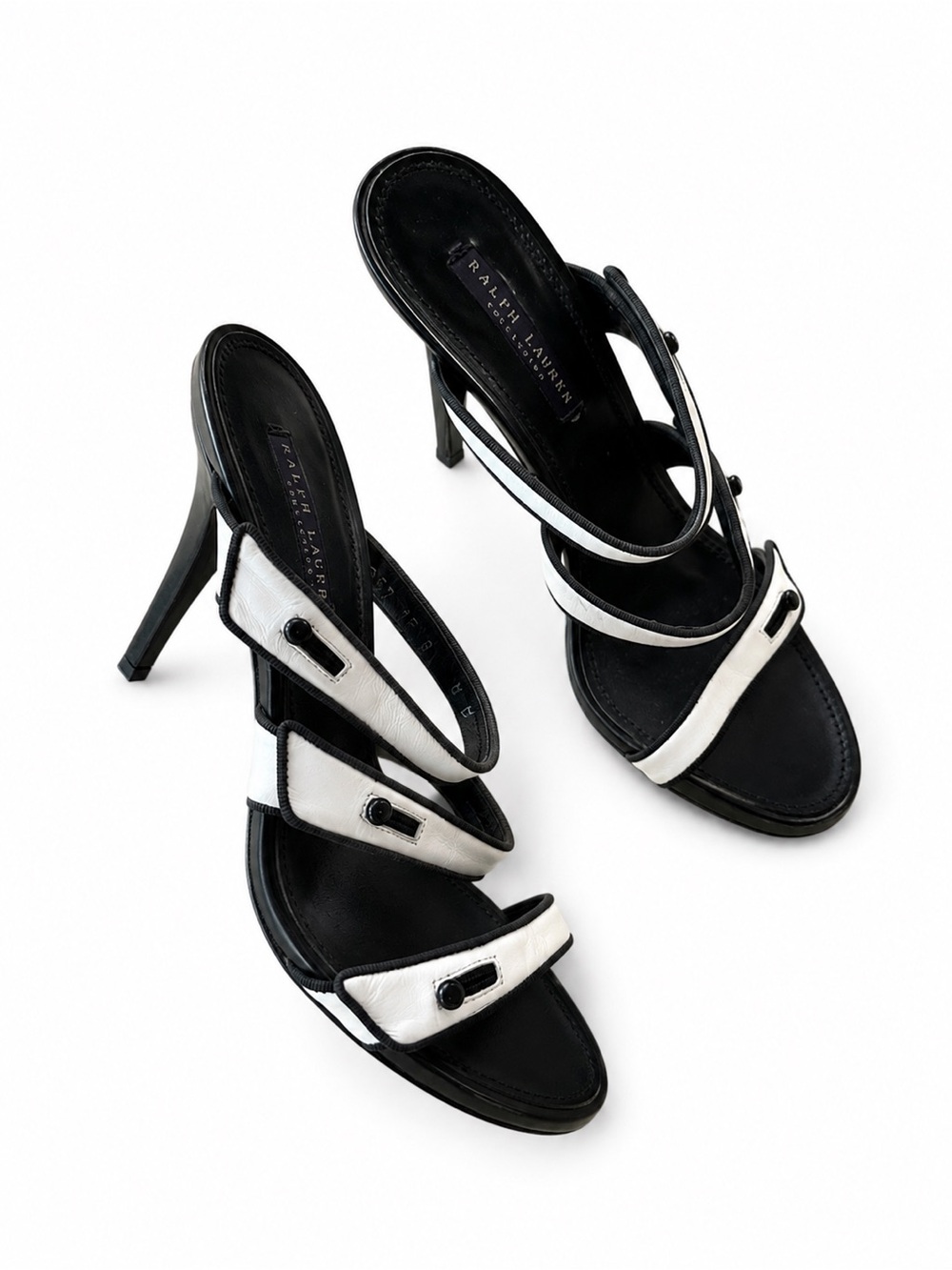 Rare Vintage Ralph Lauren Purple Label Womens Black White Leather Sandals Heels
